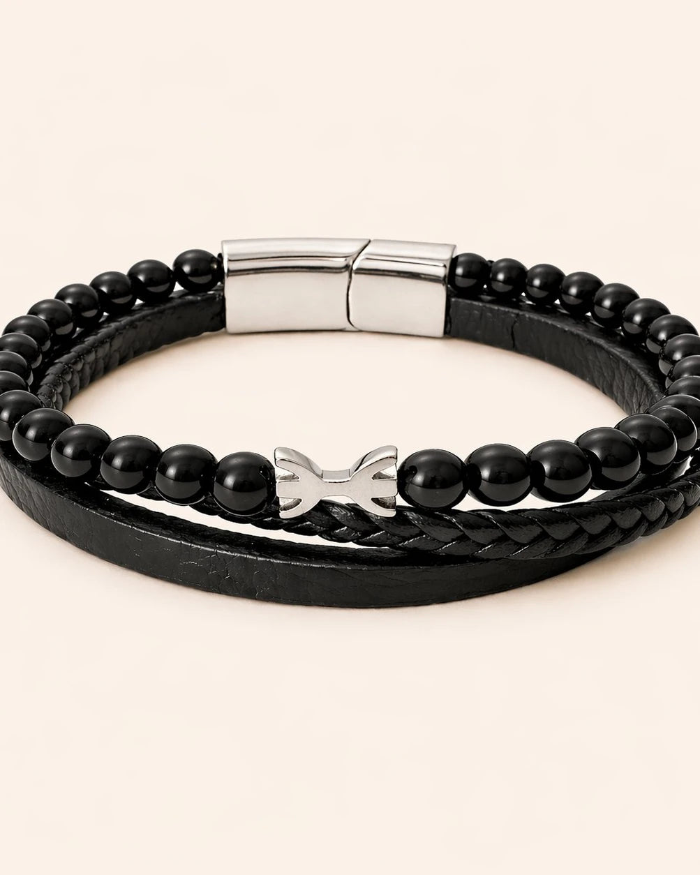 Bracelet en cuir Ayar Yaz – Édition Agate Noire Naturelle et Grès Bleu