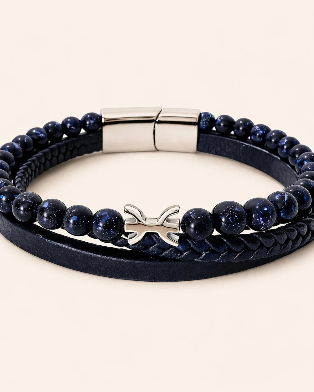Bracelet en cuir Ayar Yaz – Édition Agate Noire Naturelle et Grès Bleu