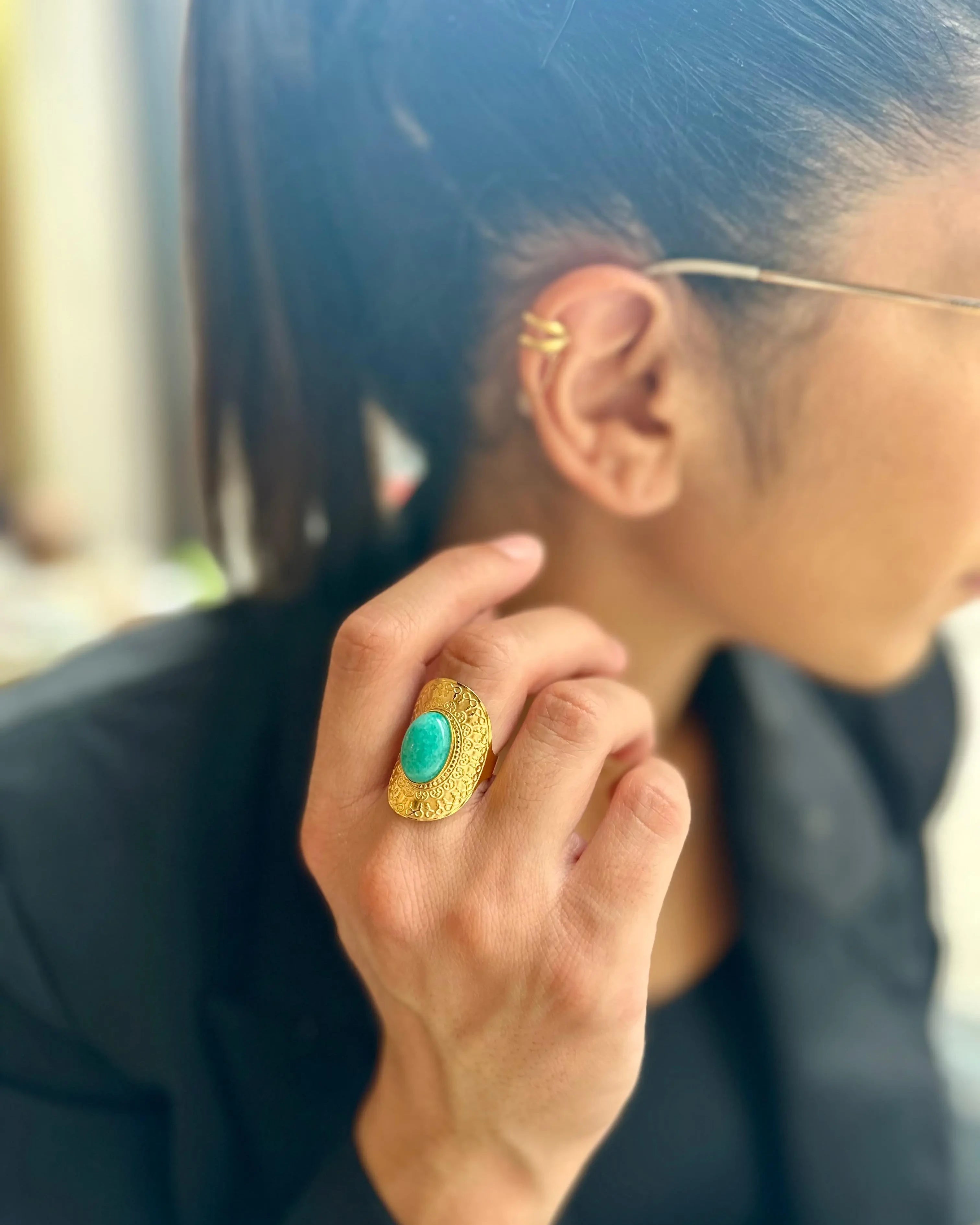 Salwa stainless steel bohemian ring with turquoise stone, antique silver finish.