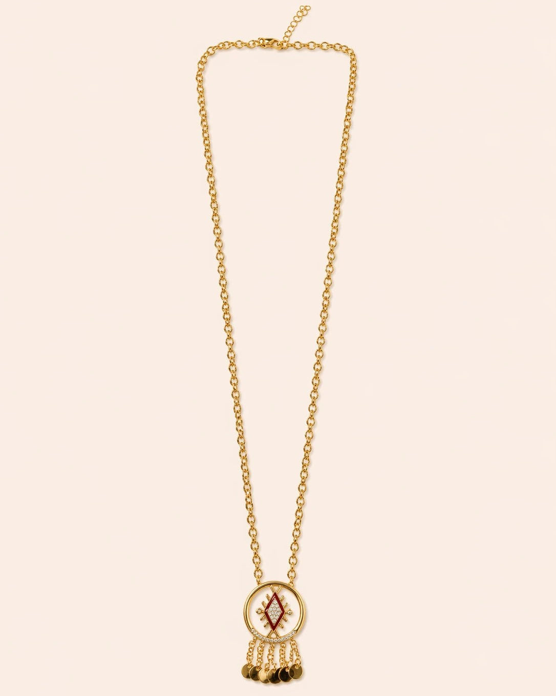 Lozenge pendant detail, long gold amazigh sautoir necklace