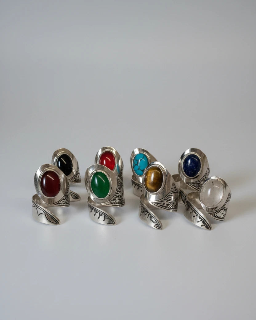 Tasaft Amazigh Silver Ring – Handmade Adjustable Spiral Ring with Natural Stones