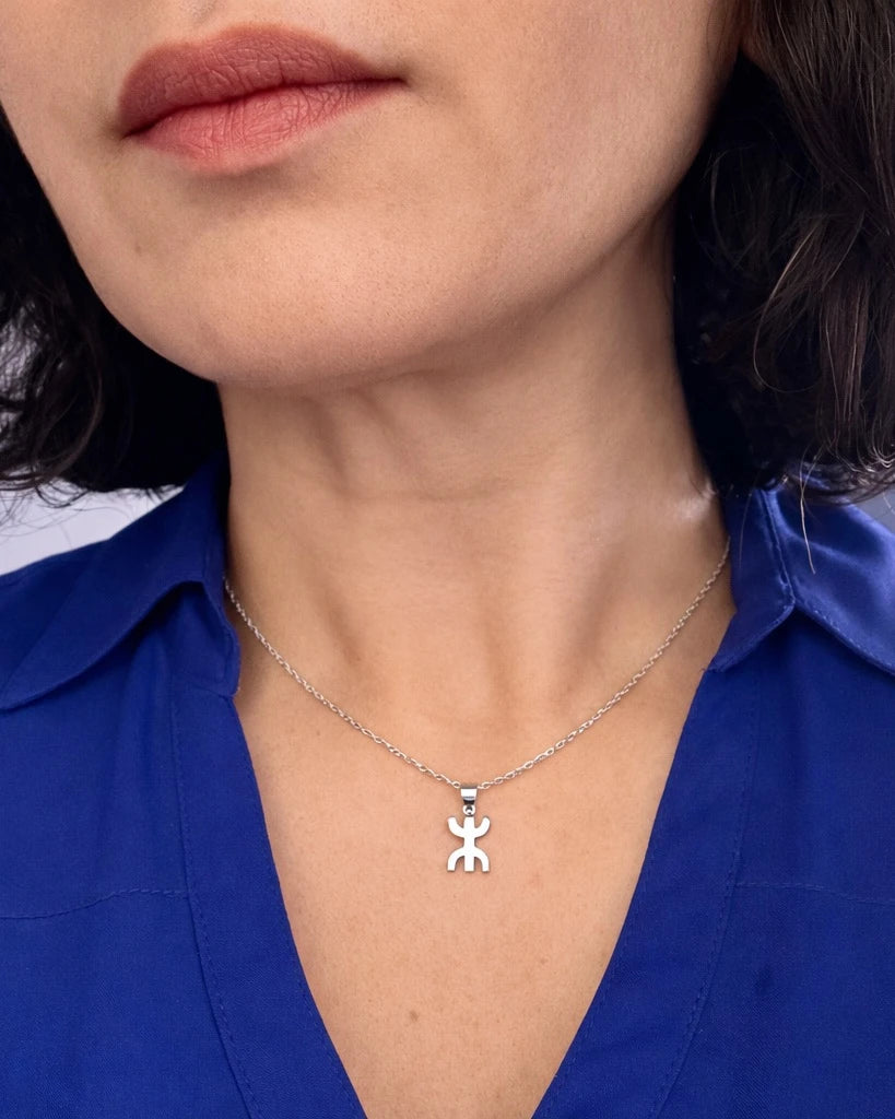 Amzay Yaz pendant necklace in gold and silver finish, 40cm chain with Amazigh symbol.