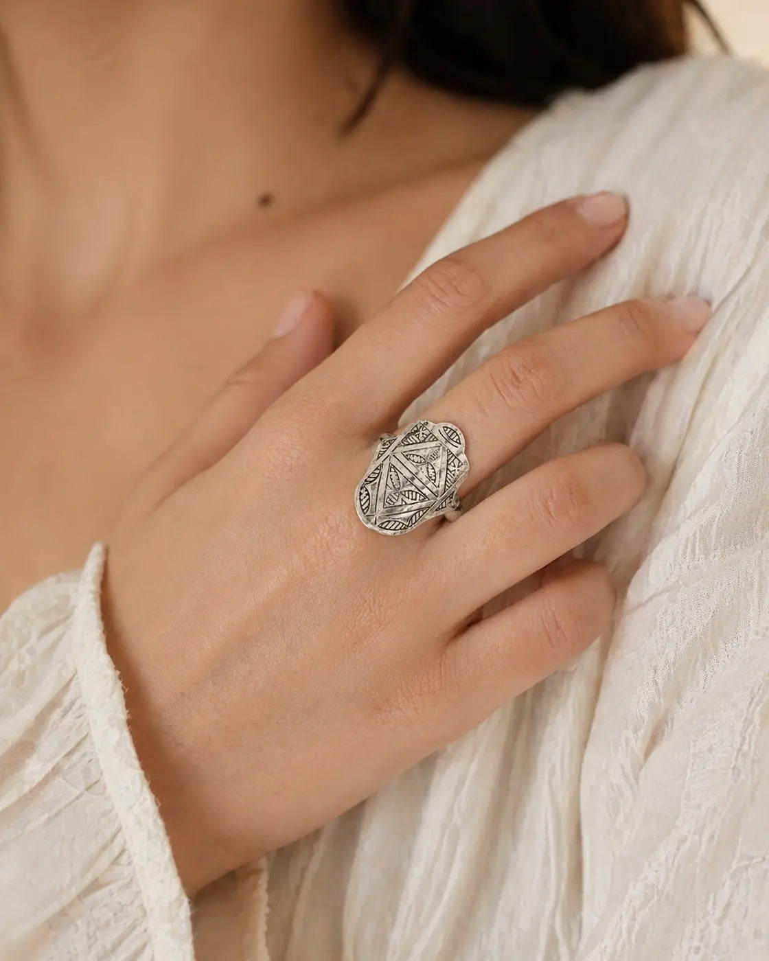 Bague Fatma en Argent Amazigh – Anneau Ajustable en Argent Marocain Artisanal