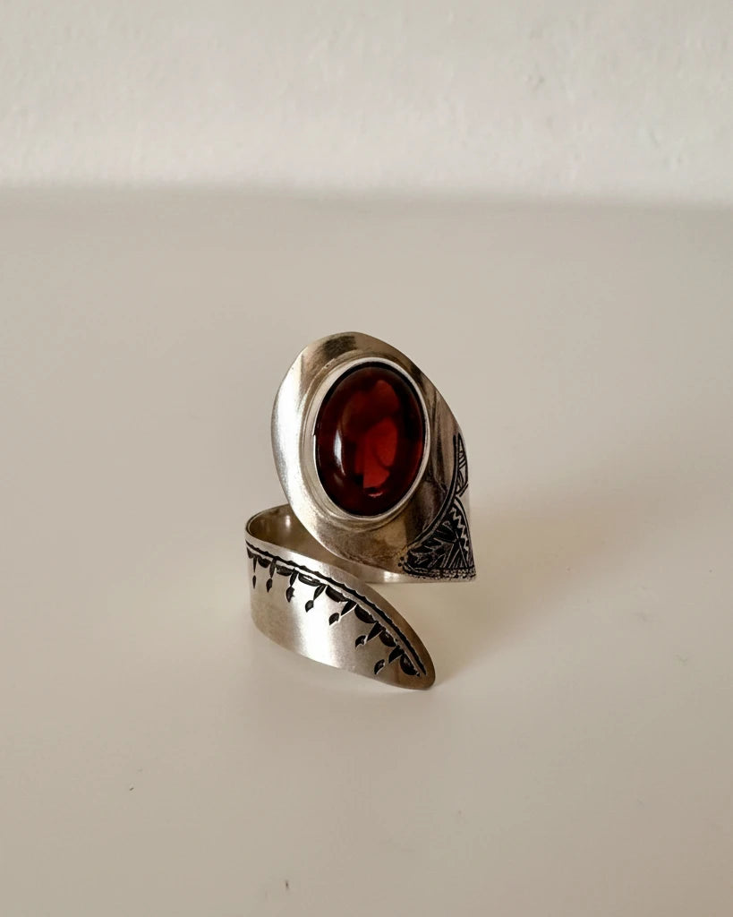 Tasaft Amazigh Silver Ring – Handmade Adjustable Spiral Ring with Natural Stones