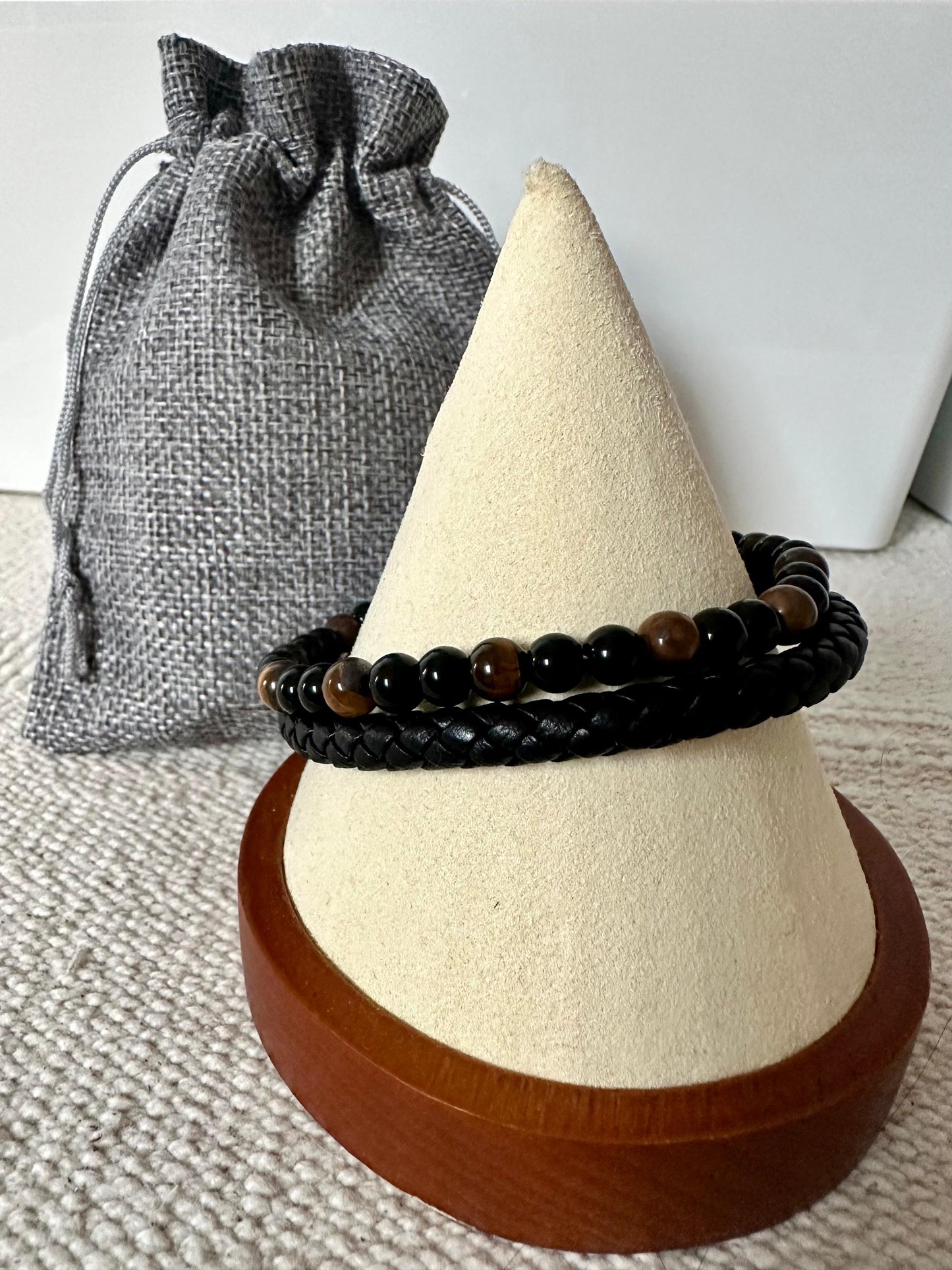 Imzzu - Men’s Braided Leather Bracelet with Natural Stones