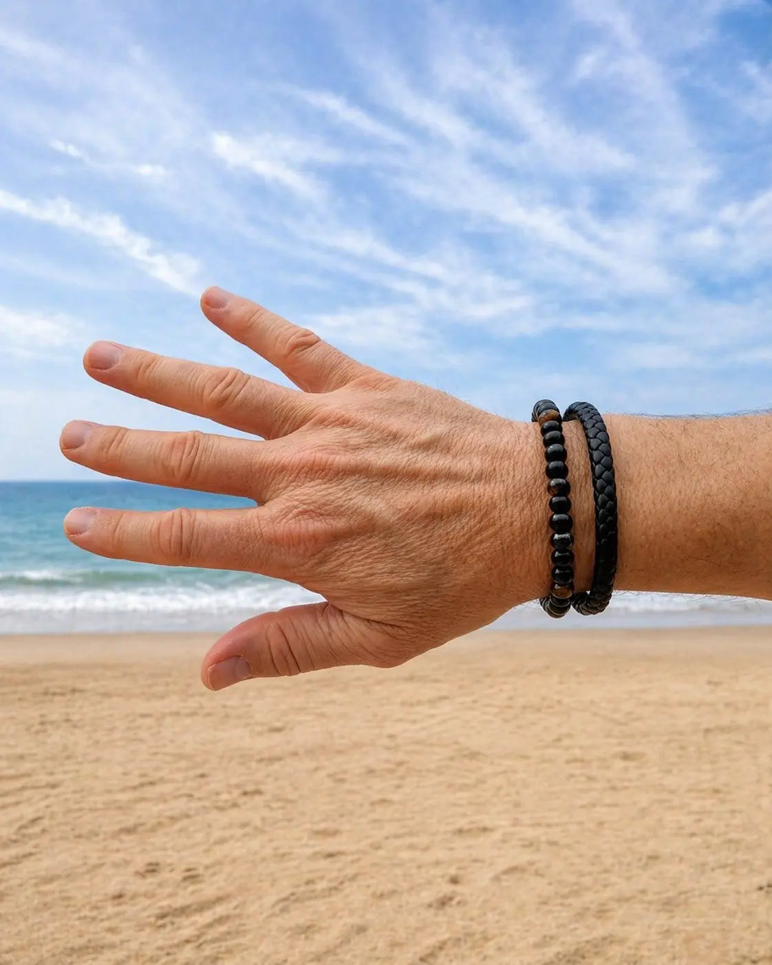 Imzzu unisex braided leather bracelet featuring brown Tiger Eye natural stones with a magnetic clasp.