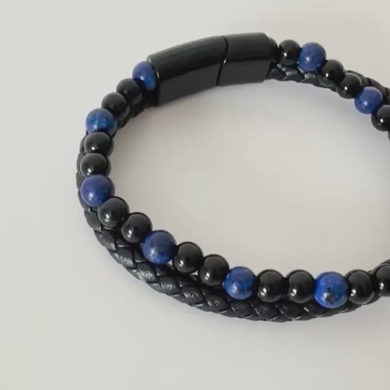 Imzzu unisex braided leather bracelet featuring blue Lapis Lazuli or brown Tiger Eye natural stones with a magnetic clasp.