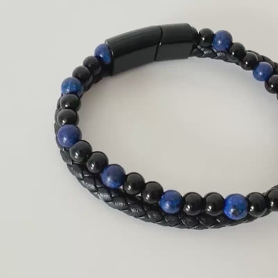 Imzzu unisex braided leather bracelet featuring blue Lapis Lazuli or brown Tiger Eye natural stones with a magnetic clasp.